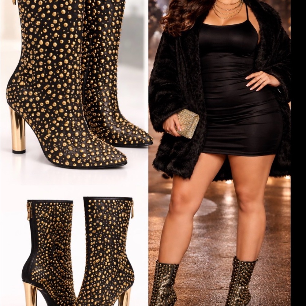 Black Studded Ankle Booties with Gold Heel - Women